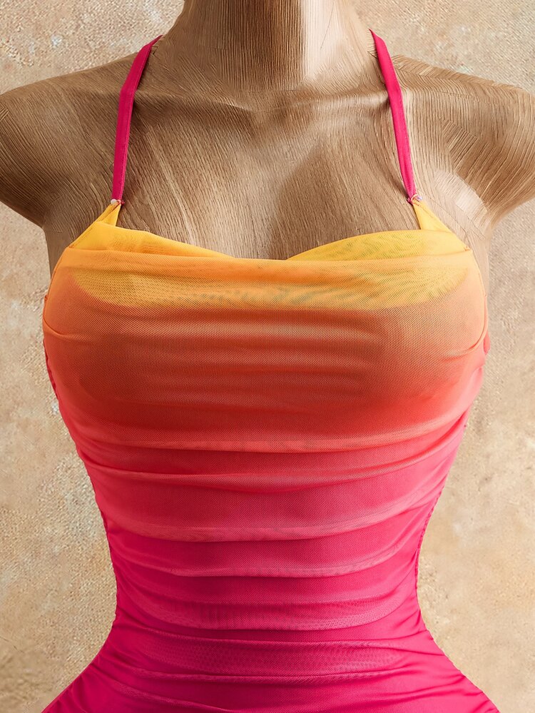 Mistrie Hot Pink Summer 70s Holiday Party Vacation Slim Fit Backless Strapless Gradient Cami Dress For Women Boho Knitted Ruffle Hem Yk2 Outfits - Hot Pink - View 10