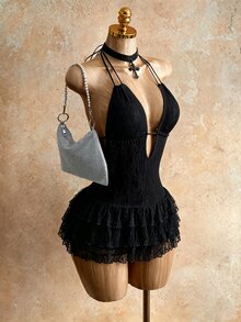 Mistrie 女款深V領蕾絲連身褲，黑色，夏季，夜店、電音派對、海灘度假穿搭，度假洋裝，夏季女款度假洋裝 - 黑色 - 查看 4