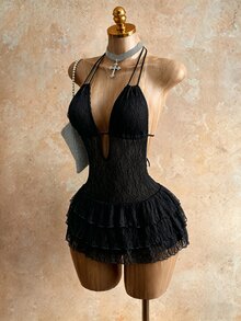 Mistrie 女款深V領蕾絲連身褲，黑色，夏季，夜店、電音派對、海灘度假穿搭，度假洋裝，夏季女款度假洋裝 - 黑色 - 查看 3