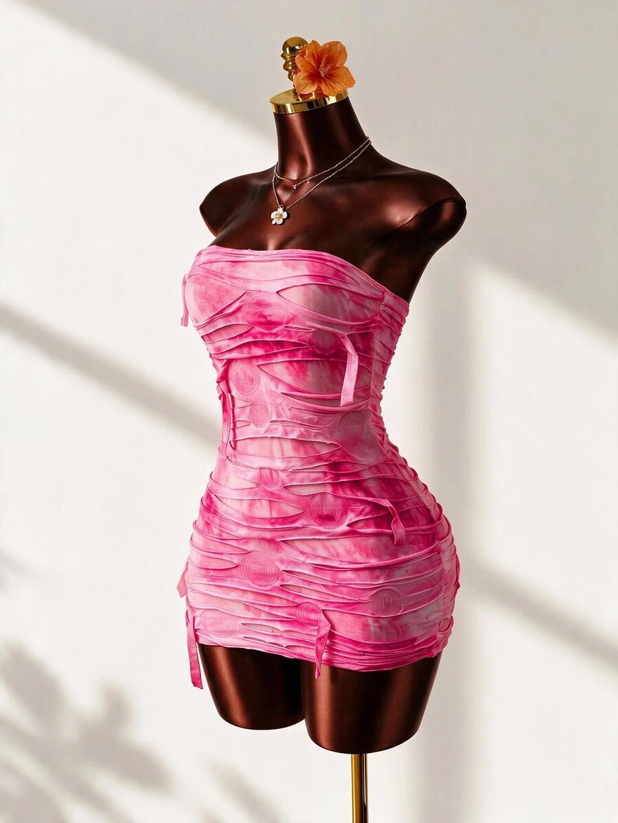 Mistrie Women's Light Pink Bandeau Distressed Backless Mini Dress Going Out Going Out Night Out Night Out Club Summer Sexy Y2k Techno Halloween - Multicolor - View 1