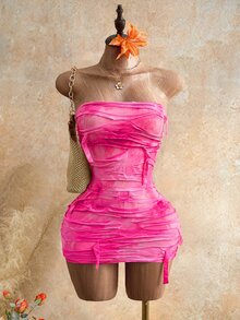 Mistrie Women's Light Pink Bandeau Distressed Backless Mini Dress Going Out Going Out Night Out Night Out Club Summer Sexy Y2k Techno Halloween - Multicolor - View 4