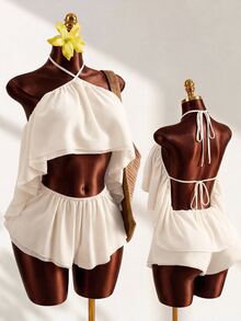 Mistrie Summer Sexy Tropical Solid Color Backless Halter Neck Romper Beach Vacation Off-White - Apricot - View 2
