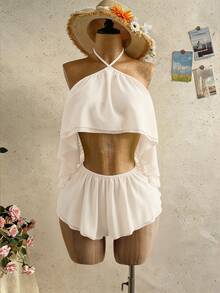 Mistrie Summer Sexy Tropical Solid Color Backless Halter Neck Romper Beach Vacation Off-White - Apricot - View 5