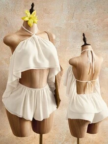 Mistrie Summer Sexy Tropical Solid Color Backless Halter Neck Romper Beach Vacation Off-White - Apricot - View 4