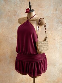 Mistrie 女款掛脖露背短洋裝，適合外出、度假、海灘度假、夜晚聚會，夏季性感熱帶風，酒紅色 - 酒紅色 - 查看 6