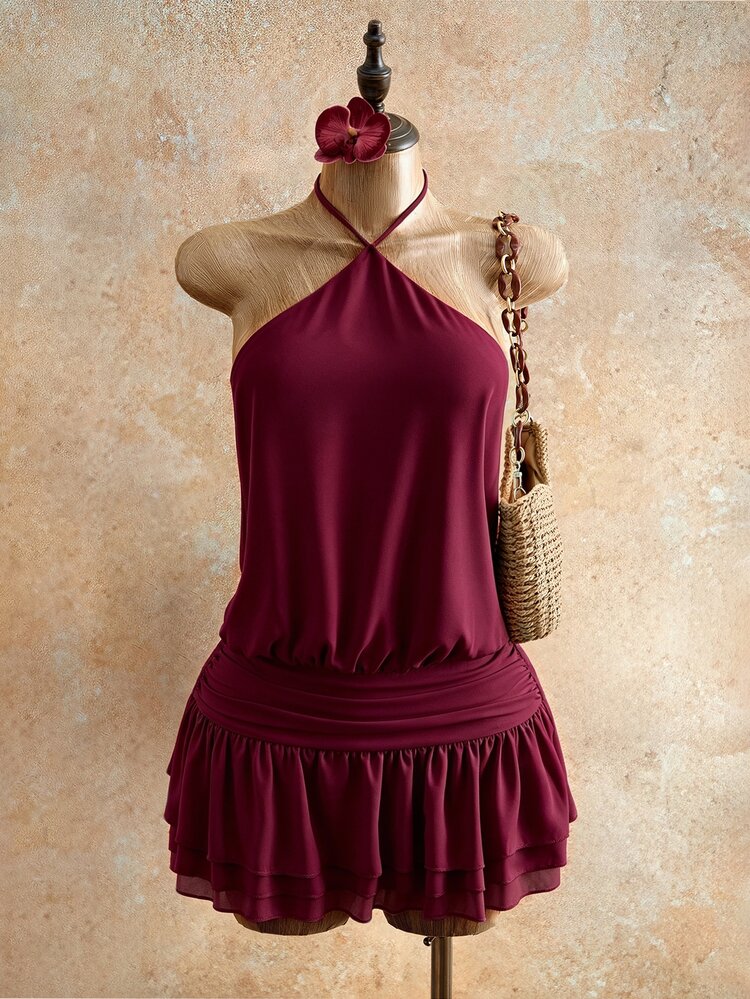 Mistrie Women's Halter Backless Short Dress Going Out Vacation Beach Vacation Night Out Vacation Vacation Summer Sexy Tropical Tropical Tropical Burgundy - Burgundy - View 8