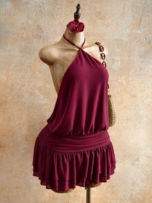 Mistrie 女款掛脖露背短洋裝，適合外出、度假、海灘度假、夜晚聚會，夏季性感熱帶風，酒紅色 - 酒紅色 - 查看 9