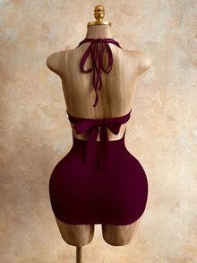 Mistrie Gaun Halter Wanita Warna Polos Leher V Dalam dengan Detail Kerut, Model Bandage, Cocok untuk Pesta Malam Musim Panas, Warna Burgundy Gelap, Seksi - Burgundy - View 2