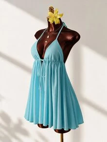 Mistrie Sexy Deep V Neck Halter Mini Dress - Flowy A-Line Beachwear For Pool Party & Resort,Halter Neck Flowy Dress For Beach - Blue - View 1