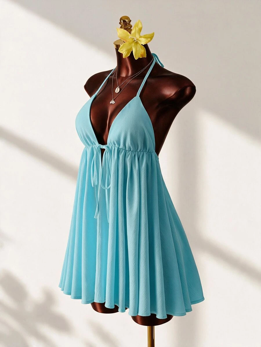 Mistrie Sexy Deep V Neck Halter Mini Dress - Flowy A-Line Beachwear For Pool Party & Resort,Halter Neck Flowy Dress For Beach - Blue - View 1