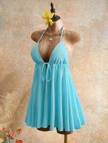 Mistrie Sexy Deep V Neck Halter Mini Dress - Flowy A-Line Beachwear For Pool Party & Resort,Halter Neck Flowy Dress For Beach - Blue - View 7