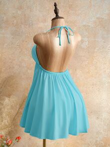 Mistrie Sexy Deep V Neck Halter Mini Dress - Flowy A-Line Beachwear For Pool Party & Resort,Halter Neck Flowy Dress For Beach - Blue - View 2