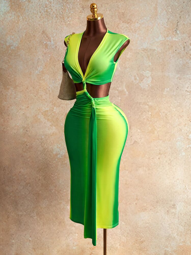 Mistrie Vestido de mujer con cuello en V profundo, plisado y hueco con estampado de teñido anudado - Verde - Añade 3