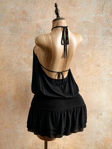 Mistrie 女款黑色時尚熱帶性感夏季度假純色掛脖露背休閒無袖洋裝，適合夜出與海灘穿搭 - 黑色 - 查看 2