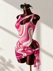 Mistrie Fuchsia Pink Summer Casual Tropical Sexy Pool Party Beach Vacation Contrast Wavy Romper,Hollow Shoulder Slim-Fit 2 Pieces Swimsuit Set With Skirt - Hot Pink - View 1