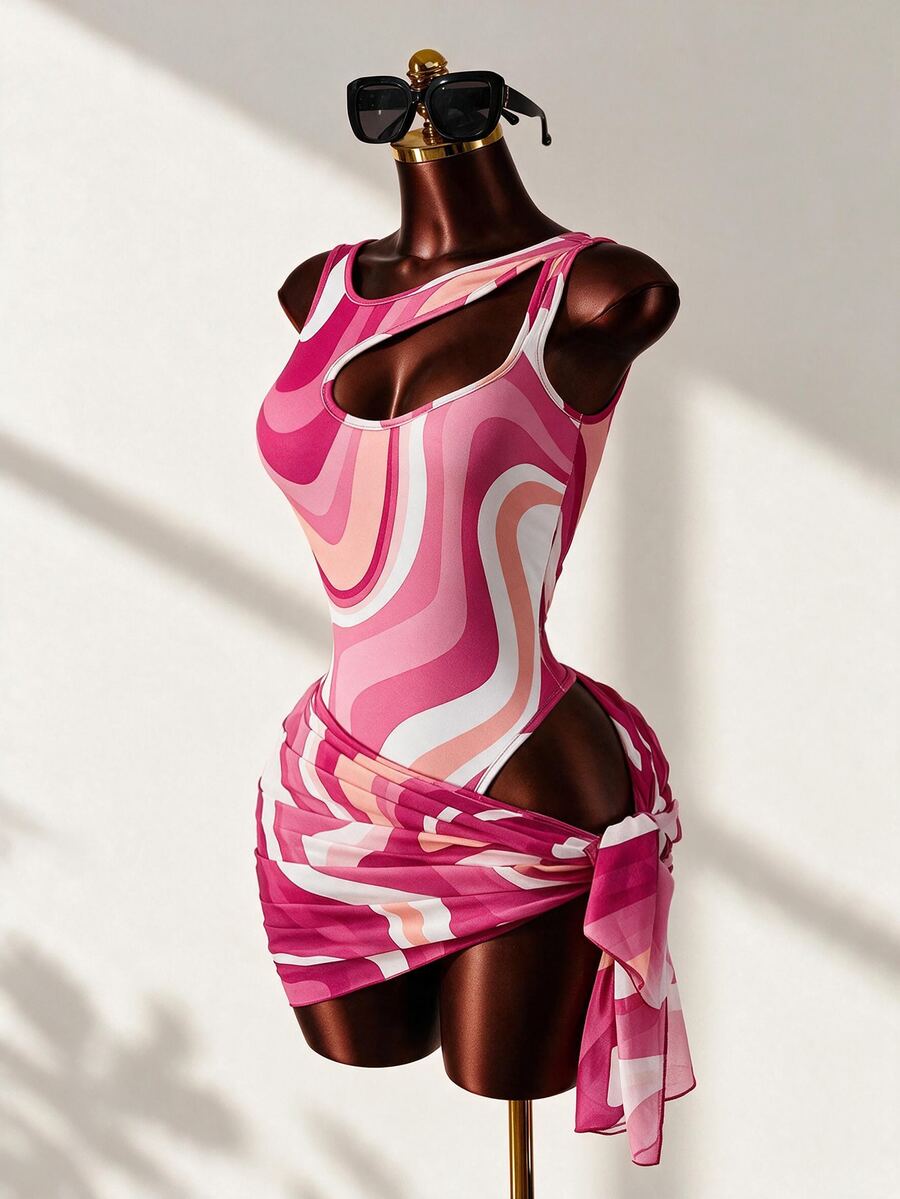 Mistrie Fuchsia Pink Summer Casual Tropical Sexy Pool Party Beach Vacation Contrast Wavy Romper,Hollow Shoulder Slim-Fit 2 Pieces Swimsuit Set With Skirt - Hot Pink - View 1