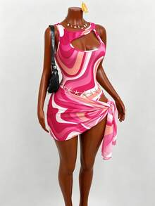 Mistrie Fuchsia Pink Summer Casual Tropical Sexy Pool Party Beach Vacation Contrast Wavy Romper,Hollow Shoulder Slim-Fit 2 Pieces Swimsuit Set With Skirt - Hot Pink - View 7