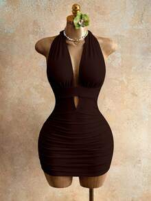 Mistrie Women's Sexy Backless Tie-Front Fitted Dress, Minimalist Solid Color, Suitable For Beach, Vacation - Brown - View 4