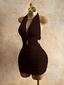 Mistrie Women's Sexy Backless Tie-Front Fitted Dress, Minimalist Solid Color, Suitable For Beach, Vacation - Brown - View 5