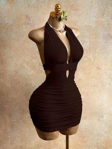 Mistrie Women's Sexy Backless Tie-Front Fitted Dress, Minimalist Solid Color, Suitable For Beach, Vacation - Brown - View 3