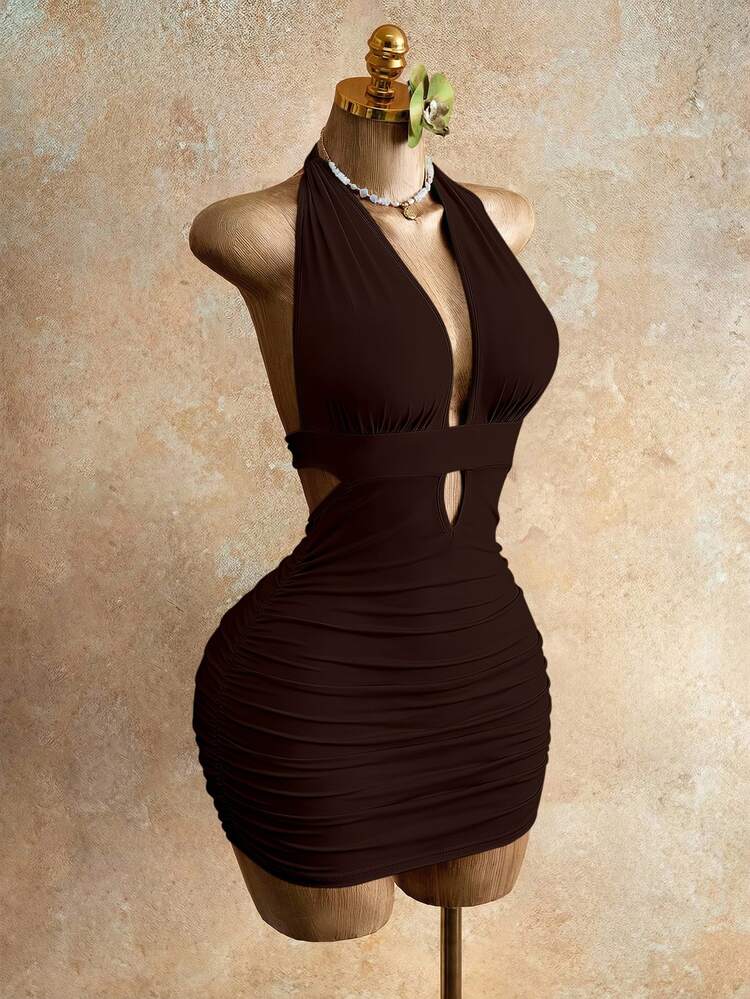Mistrie Women's Sexy Backless Tie-Front Fitted Dress, Minimalist Solid Color, Suitable For Beach, Vacation - Brown - View 3