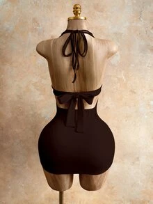 Mistrie Women's Sexy Backless Tie-Front Fitted Dress, Minimalist Solid Color, Suitable For Beach, Vacation - Brown - View 2