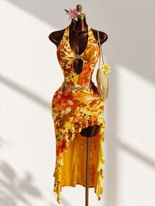 Mistrie Summer Backless Spaghetti Strap Floral Dress, Brown And Yellow Boho Sexy Tropical Holiday Vacation, Elegant Deep V Neck Hollow Out Ruffle Beach Party - Orange - View 1