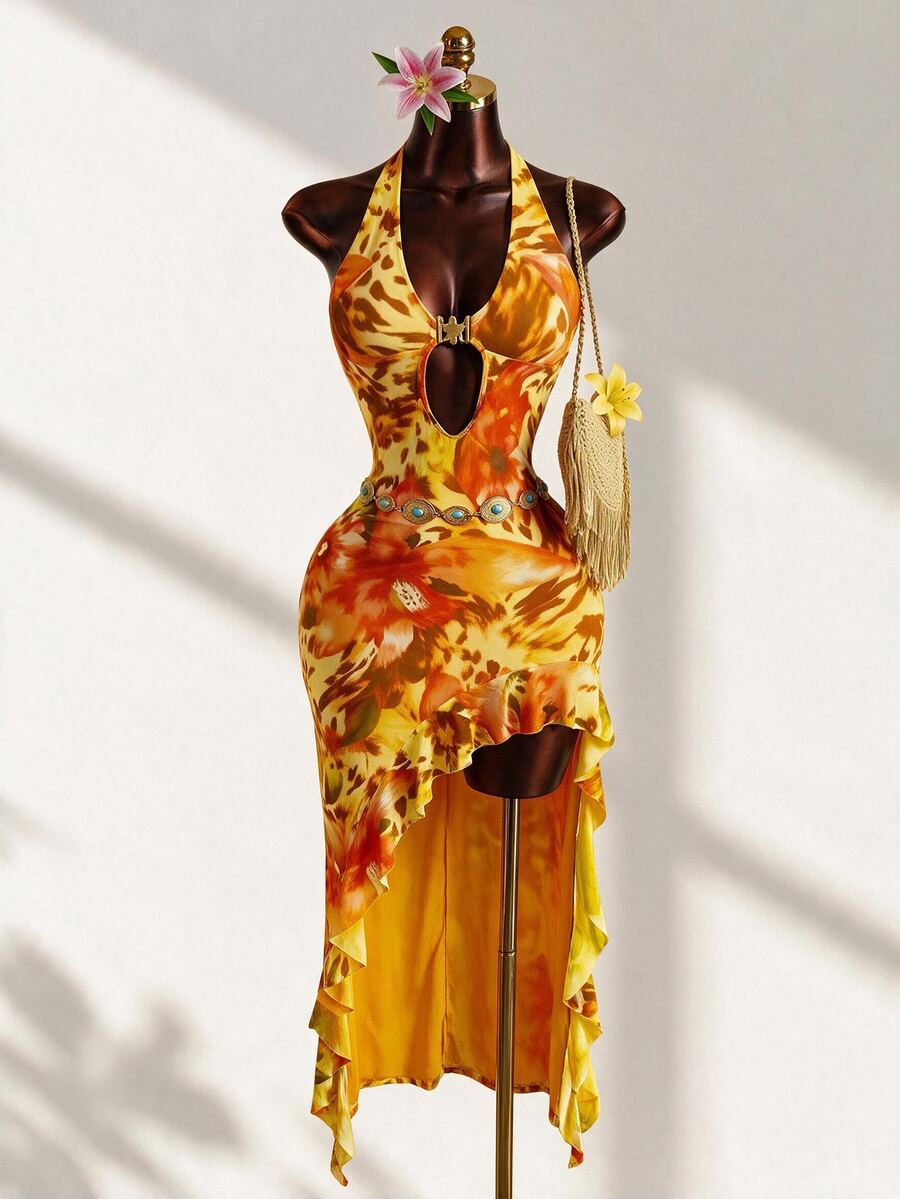 Mistrie Summer Backless Spaghetti Strap Floral Dress, Brown And Yellow Boho Sexy Tropical Holiday Vacation, Elegant Deep V Neck Hollow Out Ruffle Beach Party - Orange - View 1
