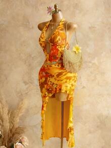 Mistrie Summer Backless Spaghetti Strap Floral Dress, Brown And Yellow Boho Sexy Tropical Holiday Vacation, Elegant Deep V Neck Hollow Out Ruffle Beach Party - Orange - View 5