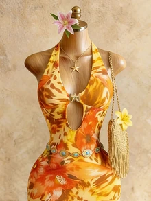 Mistrie Summer Backless Spaghetti Strap Floral Dress, Brown And Yellow Boho Sexy Tropical Holiday Vacation, Elegant Deep V Neck Hollow Out Ruffle Beach Party - Orange - View 4