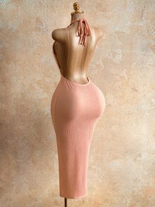 Mistrie 女款休閒熱帶性感露背前綁帶洋裝，極簡純色沙灘派對度假風，灰粉色夏季 - 橘色 - 查看 4