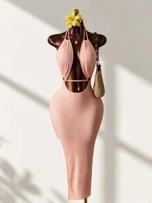 Mistrie 女款休閒熱帶性感露背前綁帶洋裝，極簡純色沙灘派對度假風，灰粉色夏季 - 橘色 - 查看 1