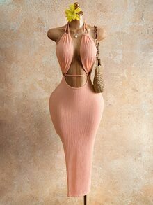 Mistrie 女款休閒熱帶性感露背前綁帶洋裝，極簡純色沙灘派對度假風，灰粉色夏季 - 橘色 - 查看 7