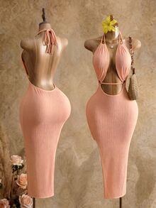 Mistrie 女款休閒熱帶性感露背前綁帶洋裝，極簡純色沙灘派對度假風，灰粉色夏季 - 橘色 - 查看 3