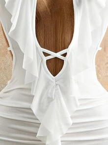 Mistrie Women's Short Hollow Out Lace-Up Halter Neck Ruffle Dress Club Night Out All White Summer Sexy - White - View 9