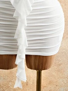 Mistrie Women's Short Hollow Out Lace-Up Halter Neck Ruffle Dress Club Night Out All White Summer Sexy - White - View 10