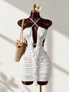 Mistrie Women's Short Hollow Out Lace-Up Halter Neck Ruffle Dress Club Night Out All White Summer Sexy - White - View 1