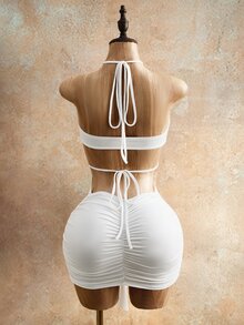 Mistrie Women's Short Hollow Out Lace-Up Halter Neck Ruffle Dress Club Night Out All White Summer Sexy - White - View 2