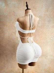 Mistrie Women's Short Hollow Out Lace-Up Halter Neck Ruffle Dress Club Night Out All White Summer Sexy - White - View 6
