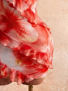 Mistrie 女款橘紅色花卉印花細肩帶洋裝，夏季休閒性感熱帶風荷葉邊透視修身，沙灘度假假期，Y2K甜辣風穿搭 - 橘色 - 查看 4