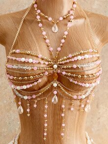 Mistrie Women's Rave Beaded Camisole Top Beach Concert Party Night Out Club Holiday Spaghetti Strap Crystal Strap Hollow Out Pink Checkered Summer Sexy Disco - Baby Pink - View 4