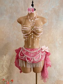 Mistrie Women's Rave Beaded Camisole Top Beach Concert Party Night Out Club Holiday Spaghetti Strap Crystal Strap Hollow Out Pink Checkered Summer Sexy Disco - Baby Pink - View 3