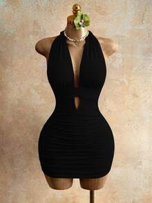 Mistrie Women's Fashionable Sexy Halter Backless Bodycon Dress, Summer - Black - View 6