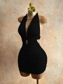 Mistrie Women's Fashionable Sexy Halter Backless Bodycon Dress, Summer - Black - View 5