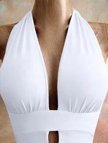Mistrie Women's Summer Fashion Solid Color Pleated Halter Backless Bodycon Dress - White - View 5