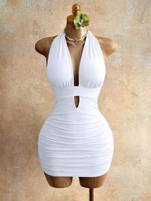 Mistrie Women's Summer Fashion Solid Color Pleated Halter Backless Bodycon Dress - White - View 4