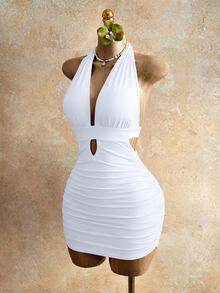 Mistrie Women's Summer Fashion Solid Color Pleated Halter Backless Bodycon Dress - White - View 6