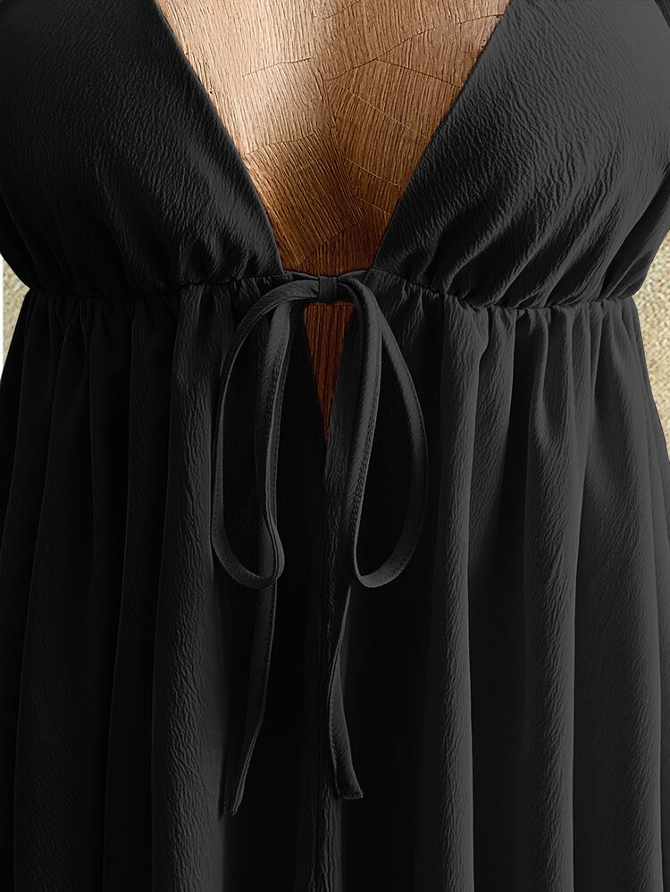 Femesol Women's Black Summer Boho Beach Vacation Holiday Spaghetti Strap Textured Puff Backless Umbrella Mini Dress,Tropical Vacation Wear - Black - View 7
