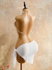 Mistrie 女款性感貝殼肩帶細肩帶背心，適合夏季度假，女款水晶串珠肩帶細肩帶背心，女款性感度假沙灘背心 紫色與白色 - 紫色 - 查看 2