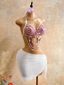 Mistrie 女款性感貝殼肩帶細肩帶背心，適合夏季度假，女款水晶串珠肩帶細肩帶背心，女款性感度假沙灘背心 紫色與白色 - 紫色 - 查看 8